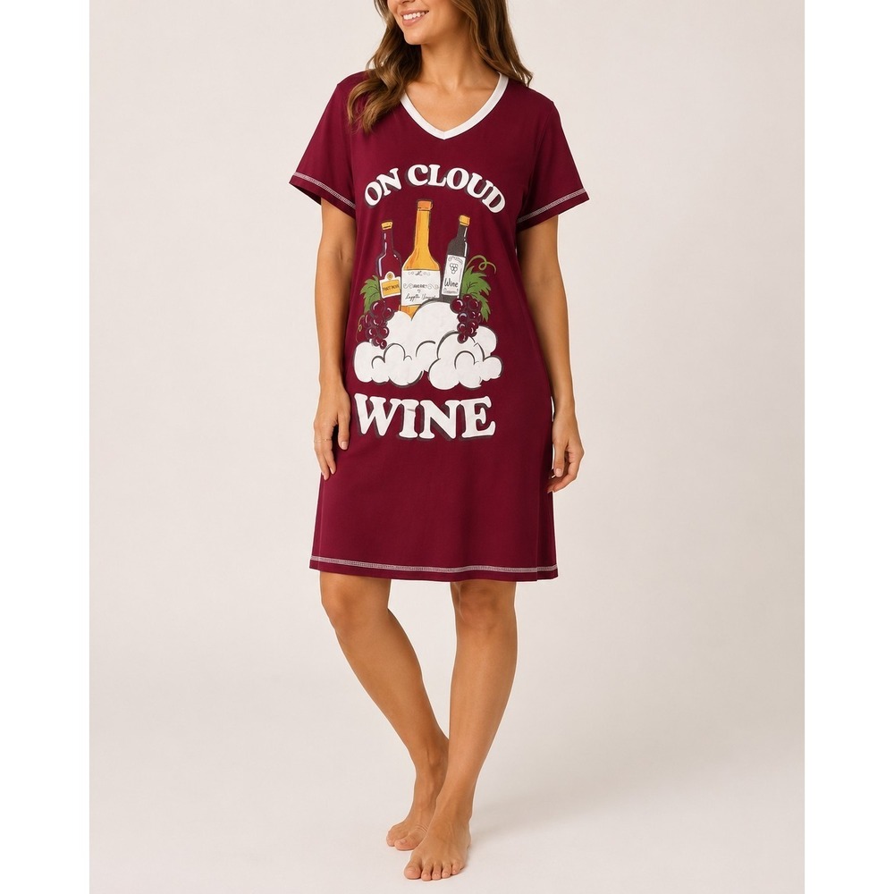 Lazy one On Cloud Wine Short Sleeve Burgundy Graphic Night Shirt Dress Women L